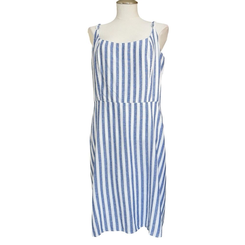 Old Navy Stripe‎ Dress Sz XXL Tall . Linen Blend Blue White Sleeveless Pockets
